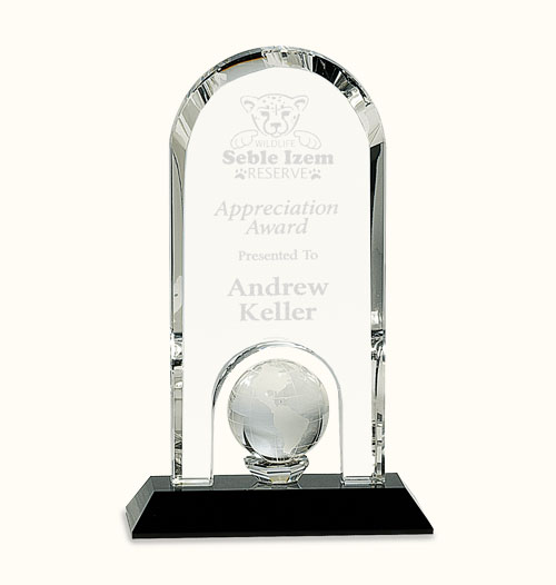 8.75 Clear Crystal Dome with Inset Globe on Black Pedestal Base